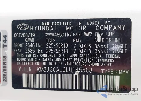 2020 Hyundai Tucson Ultimate z USA, uszkodzony, nr VIN KM8J3CAL0LU145568